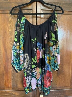 Lola P. Boho Cold Shoulder Mixed Print Floral & Animal Blouse Large